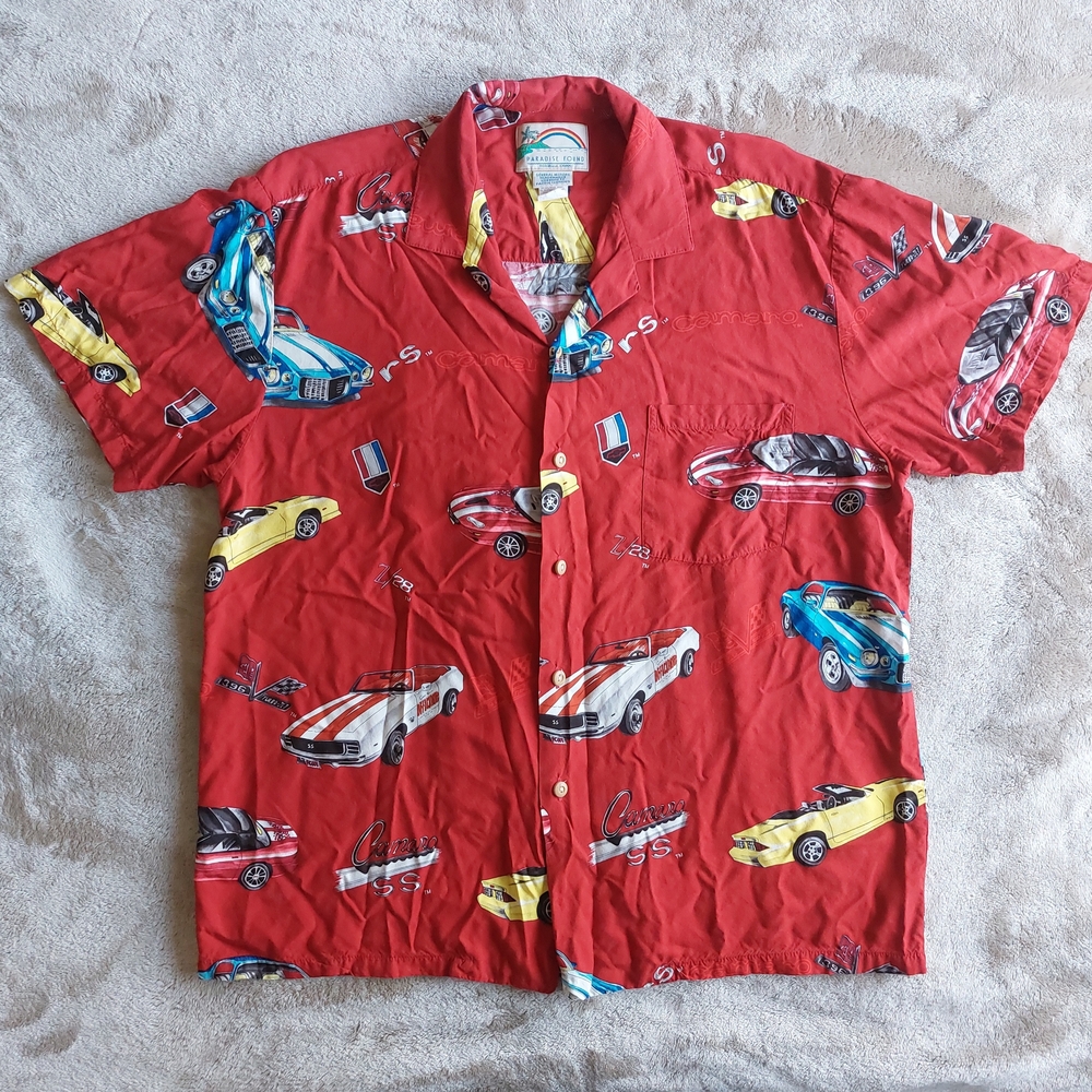 Vtg Paradise Found x General Motors Camaro Men's Red Aloha Hawaiian Shirt | L